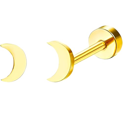Stainless Steel Stud Earring 1 Pair Gold Small Flatback Earrings Helix Hypoallergenic Flat Back Jewellery Dainty Screwback Tiny Jewelry for Sensitive Ears Women Ladies Aretes De Mujer - style: Moon