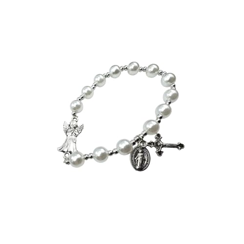 Westmon Works Guardian Angel Bracelet for Females Glass Bead Rosary Bracelet with Laminated Matching Holy Card Made in USA First Communion Gift