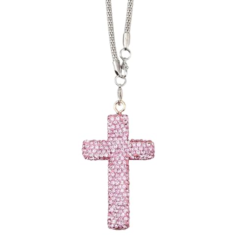 JSCARLIFE Crystal Cross Rearview Mirror Charm – Handmade Clay Rhinestone Car Hanging Ornament – Christian Gift for Women Auto Decor (Pink) - color: Pink