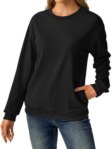 GKBK Womens Sweatshirts Cotton Crew Neck Lightweight Pullover Pocket Tops - color: A- Black, size: XX-Large