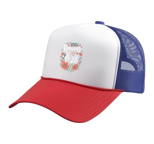 Romans 8:28 Bible Verse Flowers Cross Christian Women Trucker Hat with Adjustable Mesh Back - color: Red/White/Royal Blue