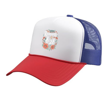 Romans 8:28 Bible Verse Flowers Cross Christian Women Trucker Hat with Adjustable Mesh Back - color: Red/White/Royal Blue
