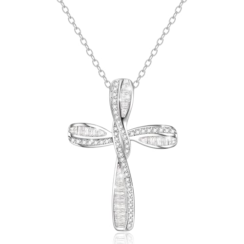 EVER FAITH S925 Silver Princess Cut CZ Infinity Twisted Cross Necklace - color: Clear
