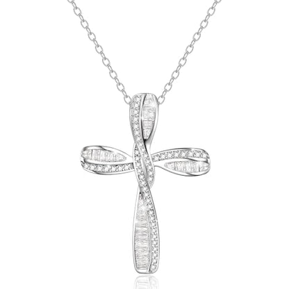 EVER FAITH S925 Silver Princess Cut CZ Infinity Twisted Cross Necklace - color: Clear