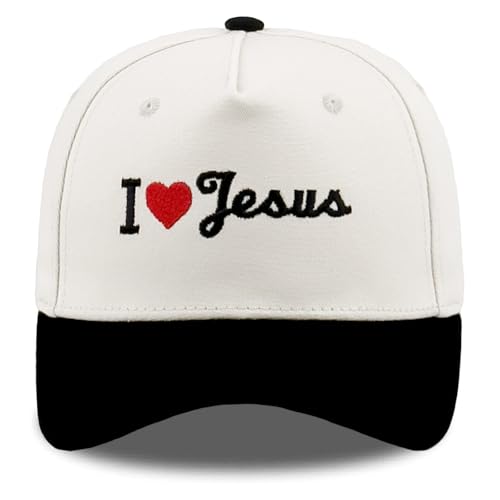 Embroidered Christian Two-Tone Baseball Cap for Men & Women, Adjustable Dad Hat Christmas Easter Gift - color: I Love Jesus Heart, Black/Beige