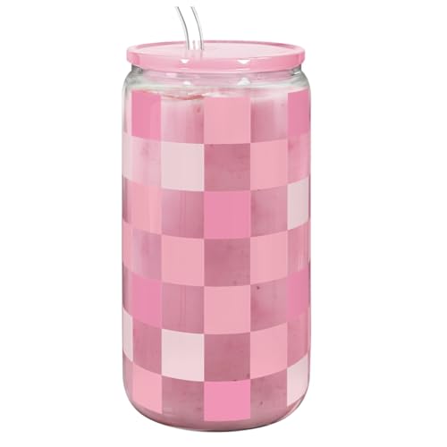 SANDJEST Checker 16 Oz Can Glass Tumbler with Acrylic Lid and Straw - Iced Coffee Cups for Women, Aesthetic Glass Cup Gift for Birthday Christmas - color: Checker 2