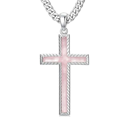 MRENITE Silver Natural Stone Cross Necklace, Classic Latin Cross Pendant Necklace for Unisex Women Man, Vintage Crystal Quartz Cross Necklace with 20+2 Inches Adjustable Cuban Chain - style: Rose Quartz