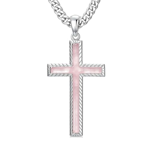 MRENITE Silver Natural Stone Cross Necklace, Classic Latin Cross Pendant Necklace for Unisex Women Man, Vintage Crystal Quartz Cross Necklace with 20+2 Inches Adjustable Cuban Chain - style: Rose Quartz