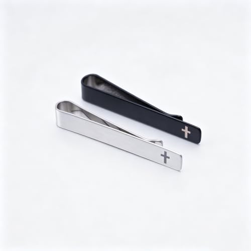 Novelty Cross Tie Clips for Men Unique Black Silver Religious Tie Clip Suitable for Regular Ties Classic Business Wedding Brass Tie Bar Jewelry with Box - color: Black Silver Cross 01