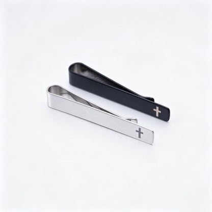 Novelty Cross Tie Clips for Men Unique Black Silver Religious Tie Clip Suitable for Regular Ties Classic Business Wedding Brass Tie Bar Jewelry with Box - color: Black Silver Cross 01