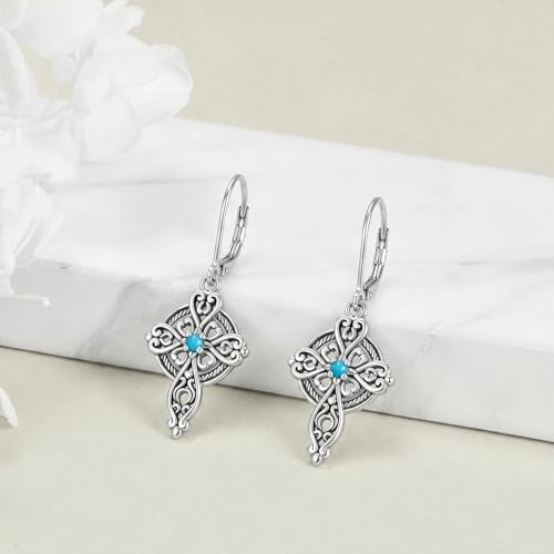 Celtic Cross Earrings Sterling Silver Cross Dangle Drop Earrings - color: Turquoise