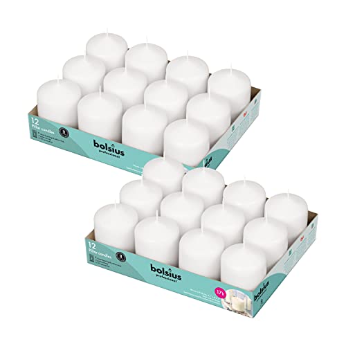 BOLSIUS White Pillar Candles - 2.3x3 Inches - 2 Packs = Total 24 Candles - 17+ Hours - Premium European Quality - Consistent Smokeless Flame - Unscented Dripless Pillars - size: 2.3 x 3 Inches, style: 24 Count