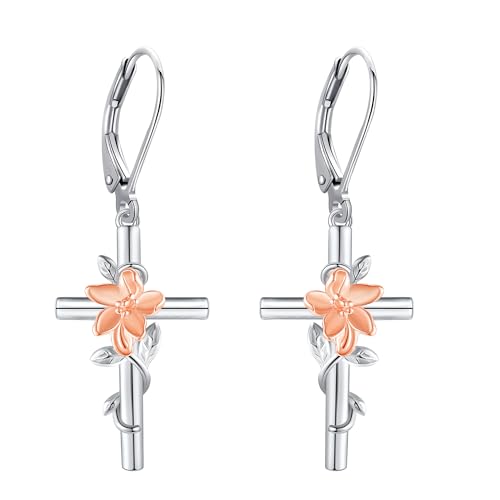Flower Cross Earrings 925 Sterling Silver Daisy Butterfly Lily Violet Mushroom Dangle Drop Earrings Birth Flower Jewelry for Women Birthday Christmas Gifts - style: Lily Cross