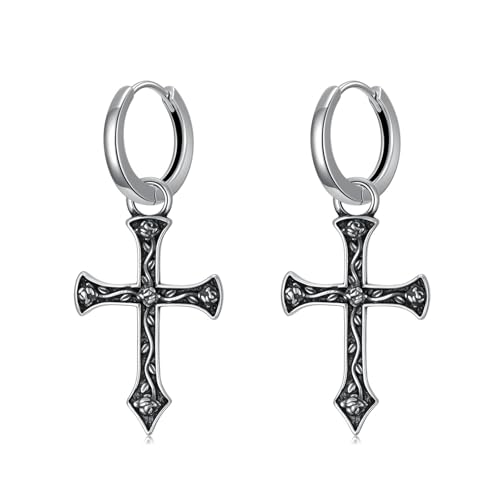 Cross Earrings for Women Men 925 Sterling Silver Cross Dangle Drop Earrings Punk Gothic Jewelry