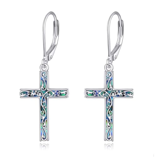 LUHE Sterling Silver Corss/Daisy/Musica Note Dangle Earrings for Women - style: Abalone Filigree Cross