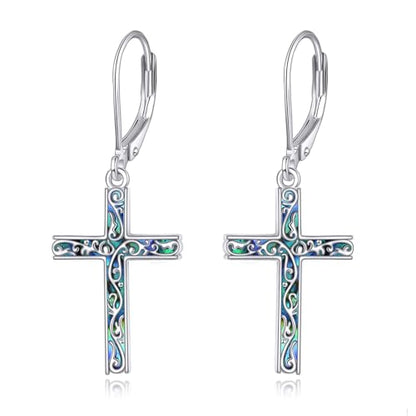 LUHE Sterling Silver Corss/Daisy/Musica Note Dangle Earrings for Women - style: Abalone Filigree Cross