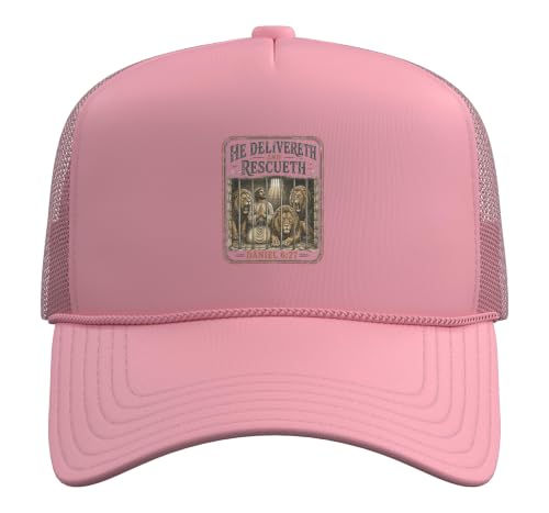 He Delivers and Rescues Daniel 6:27 Bible Verse Christian Trucker Hat with Adjustable Mesh Back - color: Pink