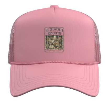 He Delivers and Rescues Daniel 6:27 Bible Verse Christian Trucker Hat with Adjustable Mesh Back - color: Pink