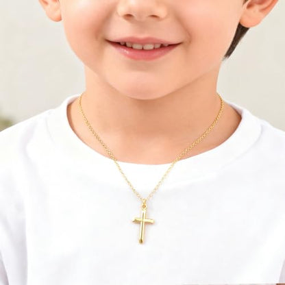 Gold Cross Necklace for Kids Teens - 14k Gold Plated Minimalist Cross Necklaces,Non Tarnish Golden Religious Faith Christening Jewelry,First Communion Baptism Confirmation Easter Gift for Girls Boys