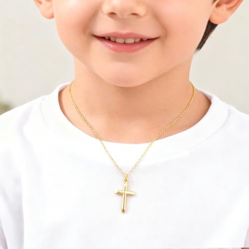 Gold Cross Necklace for Kids Teens - 14k Gold Plated Minimalist Cross Necklaces,Non Tarnish Golden Religious Faith Christening Jewelry,First Communion Baptism Confirmation Easter Gift for Girls Boys