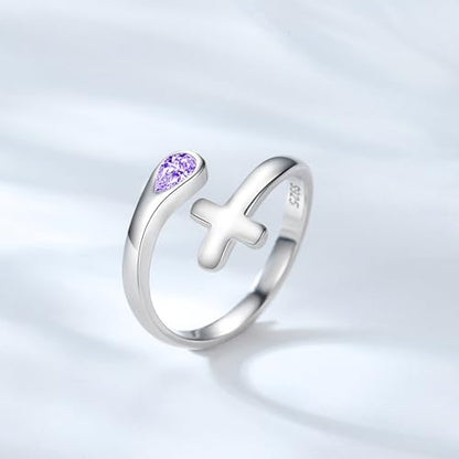Jinlou Thumb Rings for Women - 925 Sterling Silver Birthstone Open Teardrop Encouragement Adjustable Ring Women Gifts for Teens Mom Birthday Mother's Day St Patricks Day - color: June, style: Cross CZ Ring