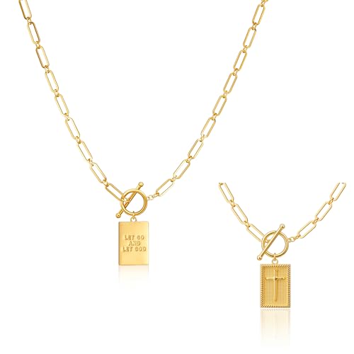 Robaice 14K Gold Plated Toggle Cross Necklace for Women - color: B Gold: LET GO AND LET GOD