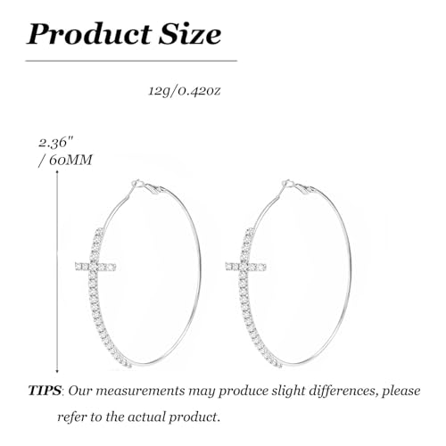 Large Cross Hoop Earrings for Women Sparkly Rhinestone Statement Jewelry for Prom Wedding Party Night Out Accessories Shiny Silver Tone Fashion Dangle Earings - color: Silver