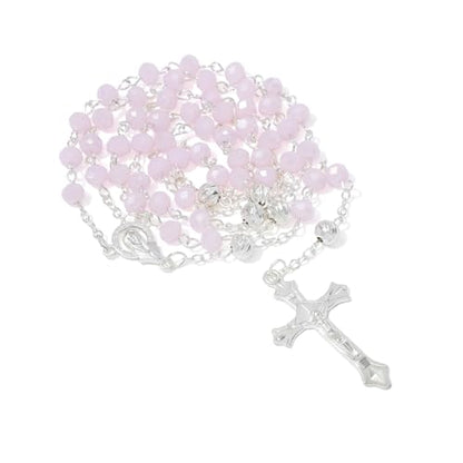KOMI Crystal Rosary Beads with Jesus Crucifix, Catholic Necklace for Women First Communion Rosarios Wedding Rosary with Velvet Bag - style: 6MM-pink