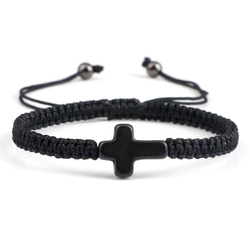 Colorful Cross Braided Handmade Woven Rope Prayer Protection Bracelet Inspirational Religious Christian Protection Bangle for Women Men Couple Friendship Jewelry - color: black