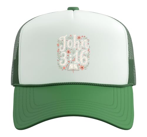 John 3:16 Bible Verse Flowers Christian Religious Women Trucker Hat with Adjustable Mesh Back - color: Kelly Green/White