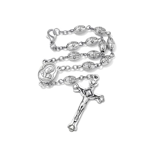 KOMI 2 PCS One Decade Catholic Rosary for Car or Truck Rearview Mirror, Auto Metal Beads Rosary with Mary Medal and Crucifix Cross, Auto Hanging Accessory with Clasp - size: 2 pieces Metal