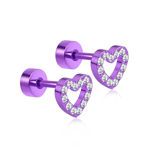 XUU 20G Flat Back Stud Earrings ASTM F136 Titanium & Sparkling CZ - color: purple heart