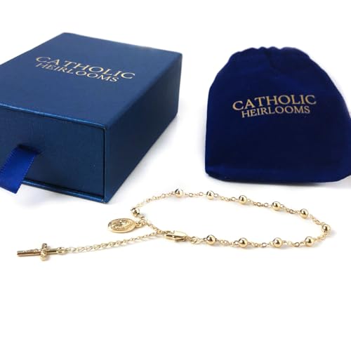 Stunning Catholic Rosary Bracelet for Women with Our Lady of Graces Medal and Cross Crucifix Charm, 14K Gold Plated, Adjustable - Dainty Elegant Religious Jewelry Gift