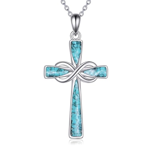 Infinity Cross Necklace S925 Sterling Silver Turquoise/Wooden/Opal/Abalone Cross Pendant Necklaces Christian Jewelry Gifts For Women - style: Turquoise