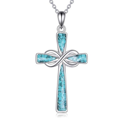 Infinity Cross Necklace S925 Sterling Silver Turquoise/Wooden/Opal/Abalone Cross Pendant Necklaces Christian Jewelry Gifts For Women - style: Turquoise