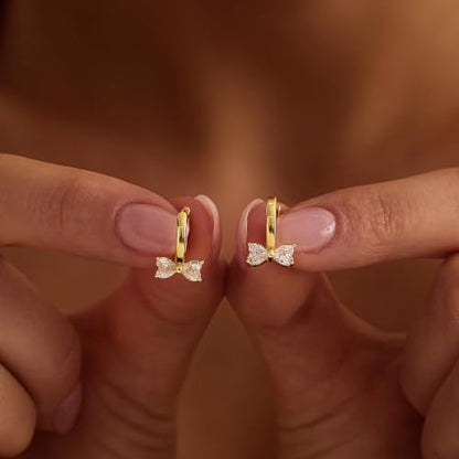 Dangle Earrings for Women, Dainty Huggie Hoop Dangle Earrings - color: Bow 01 Dangle Gold