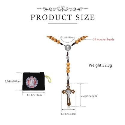 HANRESHE Wooden Beads Rosary Necklace Wooden Crosses Pendant Catholic Rosary Necklace for Men with St.Michael - color: yellow