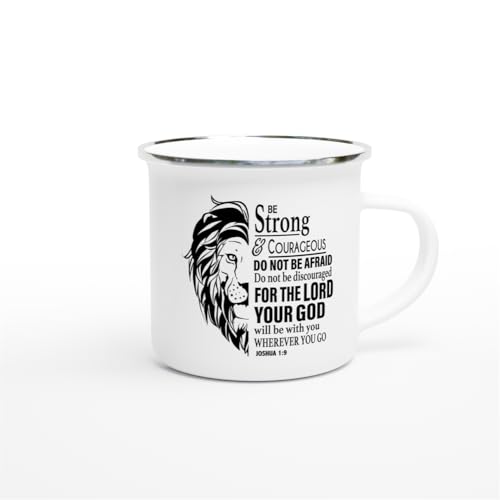 Christian Gifts Lion Ceramic Coffee Mug. Microwave and Dishwasher-safe Inspirational Scripture Coffee and Tea Mug for Men and Women with Bible Verse: Strong & Courageous – Joshua 1:9 - 12oz Enamel Cup - size: 12 Ounces