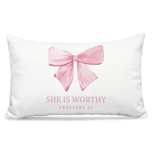 Pink Bow Christian Pillow Covers 12x20, Coquette Room Decor, Proverbs 31 Bible Verse Decorative Throw Pillow Covers Pillowcases for Girls Dorm Apartment Church - color: Pink Bible(white06）