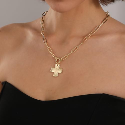 Bheop Chunky Cross Necklace for Women, 14K Gold Silver Statement Necklace - color: GD-Toggle Necklace（1 inch Pendant)