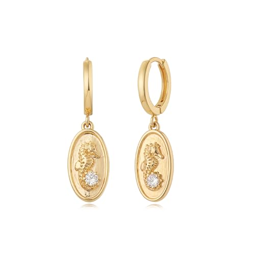 MYEARS Women Earrings Gold Huggie Hoop Dangle Drop 14K Gold Plated Small Simple Hypoallergenic Everyday Jewelry - style: Seahorse