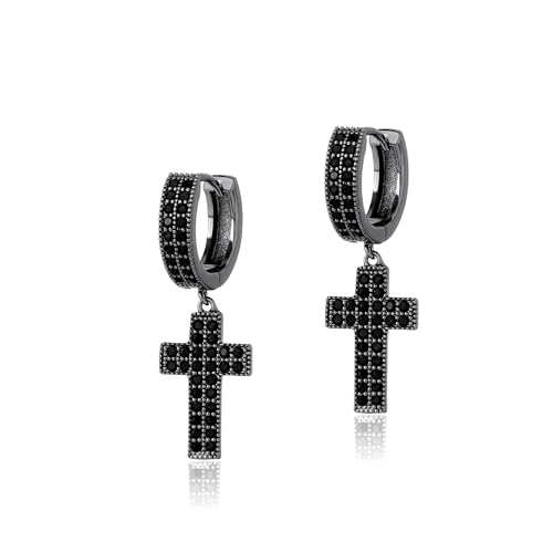 TOPGRILLZ Cross Hoop Dangle Earrings 925 Sterling Silver 5A+ Cubic Zirconia 14K Gold Hypoallergenic Cross Hoop Cuff Huggie Drop Earrings For Men Women - color: Black Cross Hoop