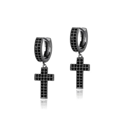 TOPGRILLZ Cross Hoop Dangle Earrings 925 Sterling Silver 5A+ Cubic Zirconia 14K Gold Hypoallergenic Cross Hoop Cuff Huggie Drop Earrings For Men Women - color: Black Cross Hoop