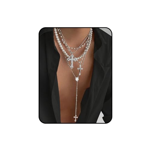 Layered Cross Necklace Set for Women – Vintage Gold Pearl Choker, Multi-Strand Chain with Religious Pendant, Trendy Baroque Statement Jewelry, Adjustable Fashion Gift - color: 4 Layer Pearl Silver Cross