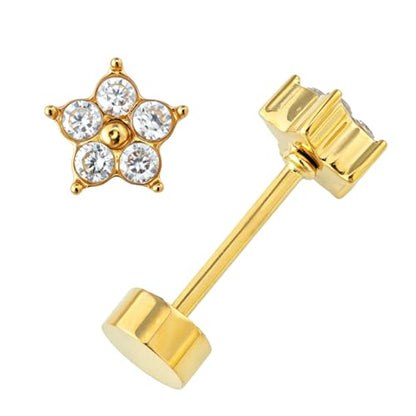 Small Moissanite Stud Earrings for Women, Stainless Steel Screw-Back Plated in 18K Yellow Gold D VSS 1, Jewelry Gifts, 2 x 3mm stones and 0.1-0.72ct/pair - color: Gold Flower