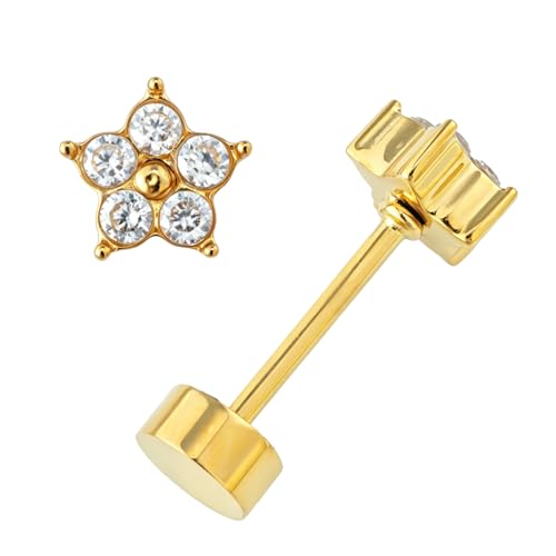 Small Moissanite Stud Earrings for Women, Stainless Steel Screw-Back Plated in 18K Yellow Gold D VSS 1, Jewelry Gifts, 2 x 3mm stones and 0.1-0.72ct/pair - color: Gold Flower
