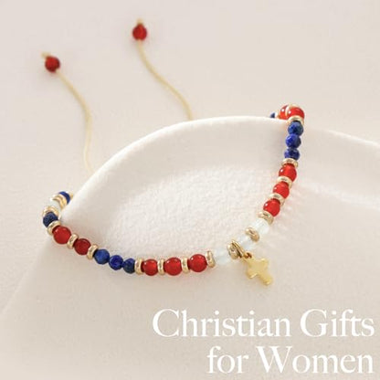 Christian Gifts for Women, Cross Bracelet, Natural Stone Beaded Jewelry - color: Red