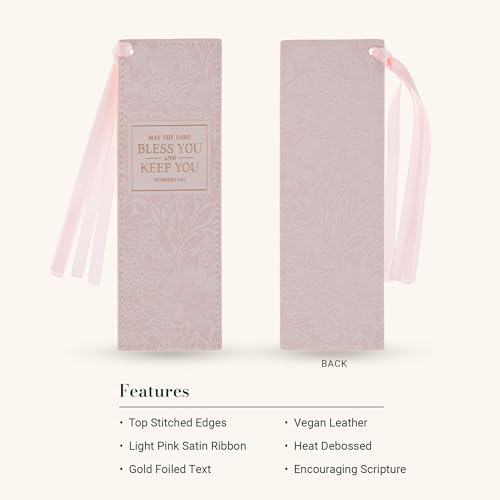 Christian Art Gifts Faux Leather Bookmark for Women: Bless You & Keep You - color: Pink Floral/Bless You