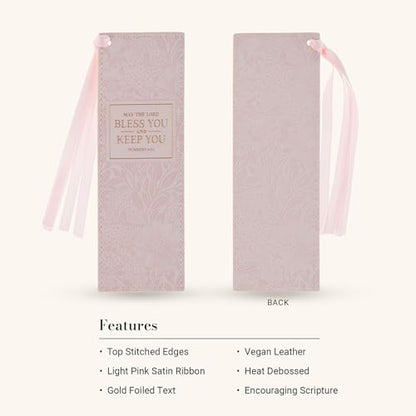 Christian Art Gifts Faux Leather Bookmark for Women: Bless You & Keep You - color: Pink Floral/Bless You