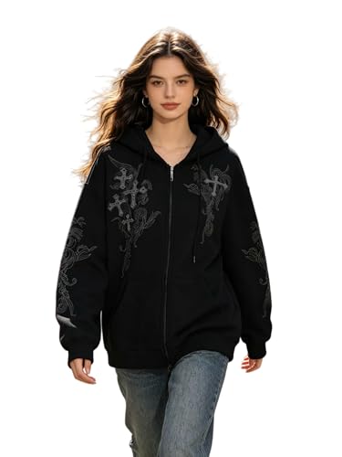 Zip Up Oversized Hoodies Women Men, Graphic Gothic Jackets Cross Hoodie, Baggy Streetwear Fleece Sweater Unisex - color: Black2, size: XX-Large